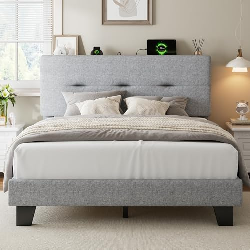 Feonase Double Bed Frame with Charging Station, Linen Upholstered Platform Bed Frame Double Beds with Storage Headboard, Wooden Slat Support, Noise Free, Easy Assembly, Light gray