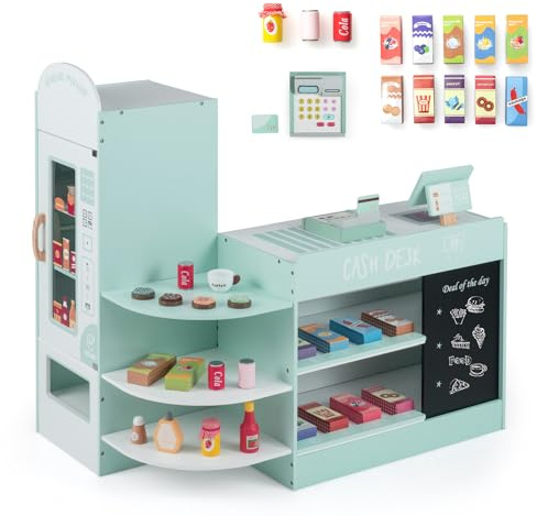 COSTWAY Pretend Play Shop, Kids Supermarket Playset with Cash Register, Vending Machine, Chalkboard, Wooden Role Play Grocery Store for Children Ages 3+ (Green)