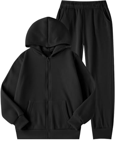 Chandal Niña Conjunto de Ropa Deportiva 2 Piezas Sudadera con Capucha y Cremallera + Pantalones Sólido Trajes Chándales Manga Larga Ropa para 5-14 años (Black, 13-14 Years)