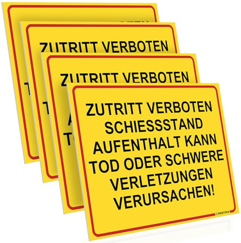 PRINTIMA 4x Schild ZUTRITT VERBOTEN SCHIESSSTAND 40x30 cm PVC Warnschild wetterfest für innen und außen inkl. Montageset Schießanlage Trainingsbereich Lebensgefahr Sicherheit Hinweisschild