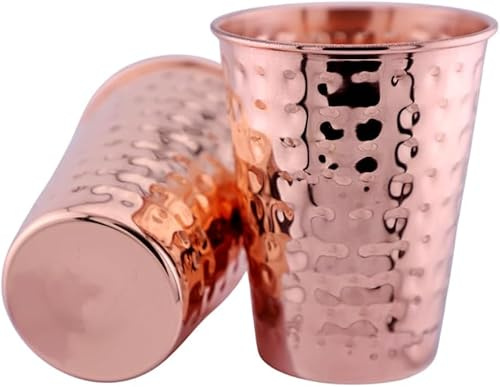 COPPAYA Pure Copper Hammered Drinking Tumblers, 350 ml, Rose Gold, Set of 2, Handmade Reusable Cups, Polished Finish