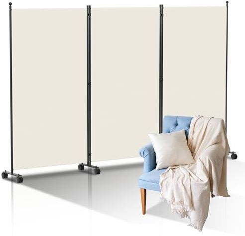 Ollewiellan Paravent rumsavdelare inomhus, paravent vikbar, 3 delar, 263 x 181 x 30 cm, insynsskydd för sovrum, skiljevägg, insynsskydd av polyesterfiber, skiljevägg, rumsavdelare på hjul (beige)