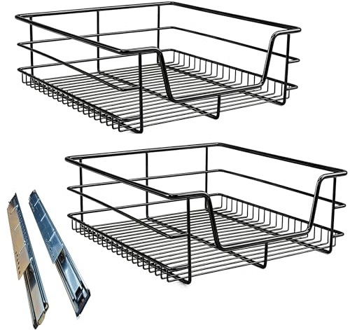 JRUKM Teleskopschublade 2 x 60 cm Küchenschublade Aufbewahrungskorb Korbauszug Schrankauszug mit Schienensystem für Küchenschrank, Küchenregal (Schwarz)