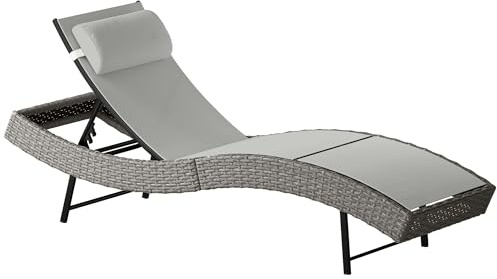 Outsunny Chaise Longue en Résine Tressé Bain de Soleil Jardin Gris Clair