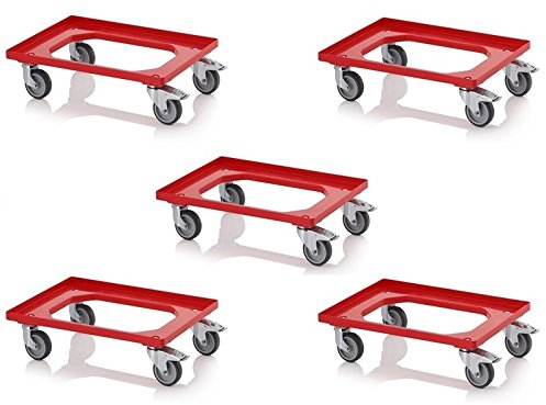 5X Transportroller rot mit Feststellbremse/Gummrädern für 60x40 Eurobehälter inkl. gratis Zollstock 5er Set