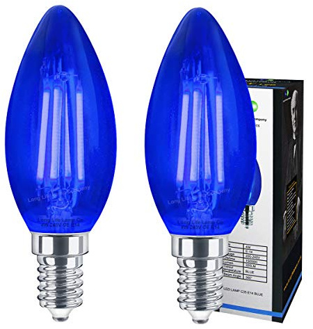 2 x 4w LED Blue Candle Light Bulb E14 Clear Glass