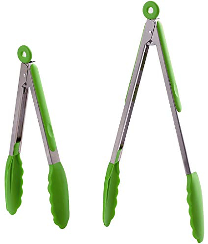 HiramWare Küchenzangen 2 Stück - 22,9 cm & 30,5 cm - Edelstahl Lebensmittelzange mit Silikonspitzen - Premium Antihaft-Zange zum Kochen, Grillen, Salat - robust, BPA-frei (grün)