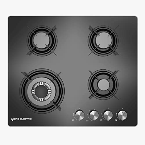 EAS ELECTRIC SMART TECHNOLOGY | EMH461CGB | Encimera de gas | Cristal Negro | 60 cm | 4 fuegos | Gas butano y gas natural | Autoencendido | Fuego triple llama | Parrillas individuales hierro fundido