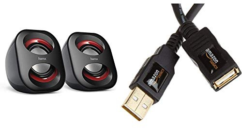 Hama PC Lautsprecher Sonic Mobil 183(USB 3.0,3,5mm Klinke,3W, Computer,Laptop,Notebook,Smartphone,Tablet) schwarz/rot & Amazon Basics 1IGG USB 2.0-Verlängerungskabel A-Stecker auf A-Buchse, 2m,Schwarz