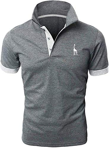 LIUPMWE Poloshirt Herren Kurzarm Baumwolle Einfarbig Basic Golf T-Shirt Giraffe Stickerei Polohemd Sommer,Dunkelgrau,L