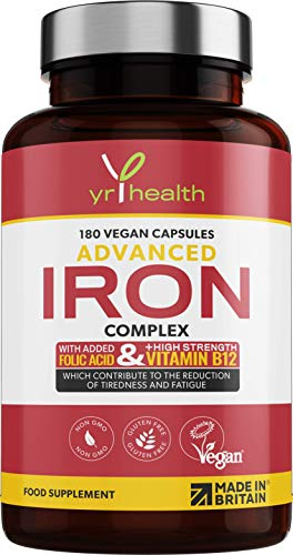 Iron Supplement, 20mg Maximum Strength Anti Fatigue Complex - 180 Vegan Capsules not Iron Tablets for Men & Women with Vitamin B12, Folic Acid, Vitamin C, B6, Zinc, Copper - Made in The UK by YrHealth