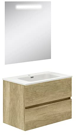 Baikal Mueble de Baño Dos cajones, suspendido a la Pared con Lavabo. Melamina 16. Mueble montado. Mueble de 70cm Nature con Espejo con Luz Led