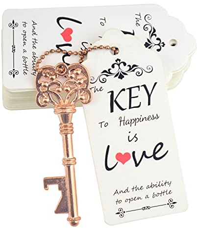 Makhry 52pcs Skeleton Key Bottle Opener Wedding Favors Souvenir Gifts with Escort Tag and Keychin for Bridal Baby Shower Birthday Party Decorations(Rose Gold )