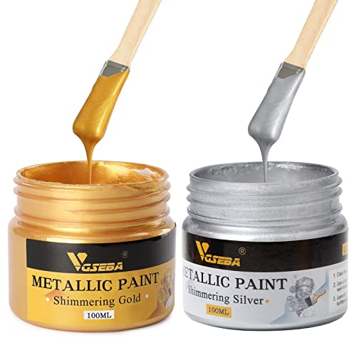 VGSEBA Vernice acrilica metallizzata, 2 pezzi da 100 ml oro e argento, vernice a foglia d'oro per la pittura artistica, ideale per tela, legno, tessuto, pietra, vetro (200 ml)