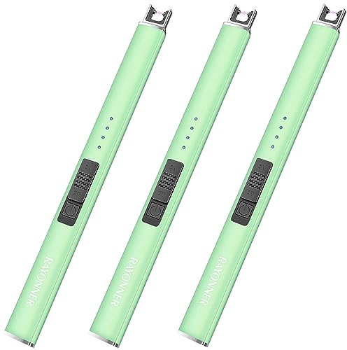 Electric Candle Lighter USB Rechargeable Plasma Arc Windproof Flameless with Safety Lock Ideal for Candle BBQ Camping Birthday Housewarming Gifts for Women & Men (Green*3, 1 Count (Pack of 3))