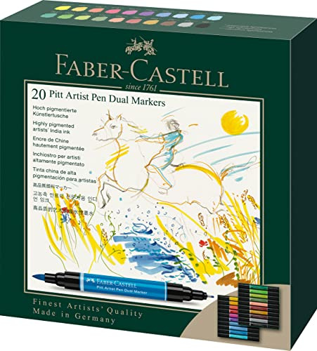 Faber-Castell 162020 – Pitt Artist Pen Dual Marker bläckpenna, med två spetsar, en penselspets och en metallinfattad fiberspets, 20 kartongfodral, flerfärgad