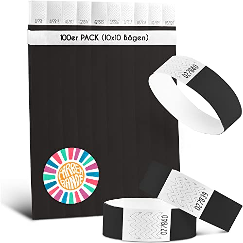 FARBEN BANDE® 100 Einlassbänder Schwarz/Eintrittsbänder 19mm aus Tyvek/Party Bändchen reißfest, wasserdicht und nummeriert/farbige Partybänder/Einlassbändchen für Party, Festival & Feste