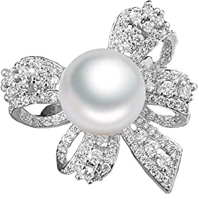 Kokoma Elegant Bow Knot Pearl Rings for Women Rhinestone CZ Crystal Butterfly Tie Open Statement Ring Promise Engagement Rings Anniversary Wedding Band Jewelry