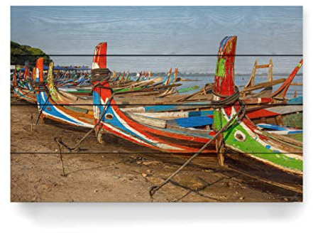 artboxONE Holzbild 60x40 cm Reise/Strand und Meer Fischerboote in Myanmar von Künstler Die Welt Tanzt Farben