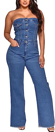 MANYMANY Donna Denim Jumpsuits Senza Spalline off Shoulder Jeans Jumpsuit Sexy Wrap Tube Top Skinny Jeans Rompers
