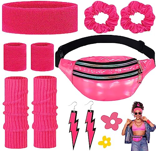 6 Stück Neon Party Outfit, 80 Jahre Kostüm Zubehör Für Damen Set, 90er Kleidung Accessoires, Bauchtasche Beinwärmer Stirnband Armband Ohrringe Haarring Für 80er Mottopartys, Yoga-Workouts (Rose Rot)