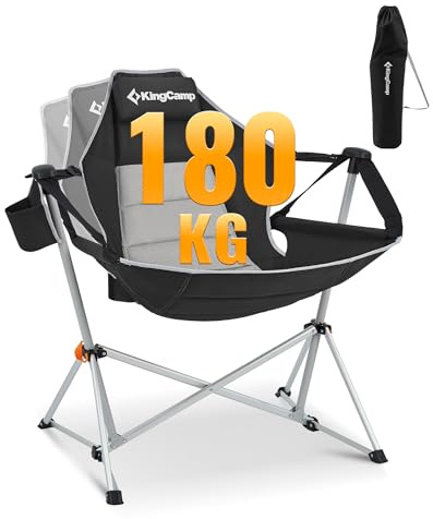 KingCamp Camping Schaukelstuhl faltbar mit 90–130° Rückenlehne Schwarz | Bis 180 kg belastbar, 4,8 kg leicht, Aluminiumrahmen, Kopfkissen, Getränkehalter für Camping, Garten & Balkon