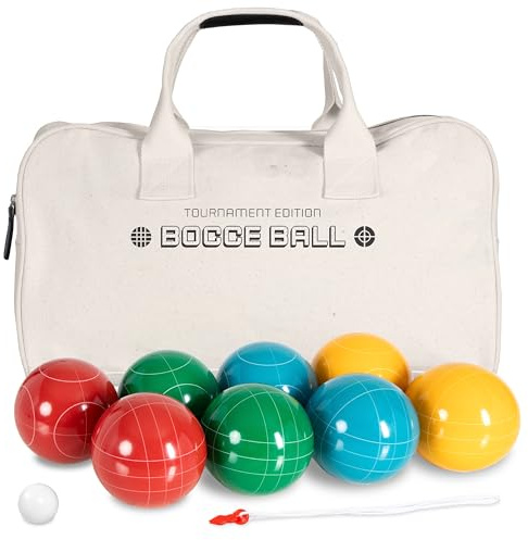 Play Platoon Set di bocce da gioco di dimensioni regolamentari, 107 mm, con 8 palline in poliresina dura di alta qualità, pallino, borsa per il trasporto con cerniera e corda di misurazione
