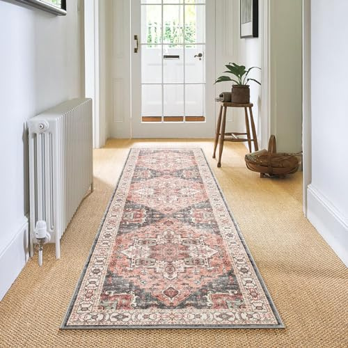 Carvapet Läufer Teppich 60x240cm rutschfest Lang Teppichläufer Waschbar Mikrofaser Vintage Medaillon Rosa Teppich Flächenteppich Laufteppich