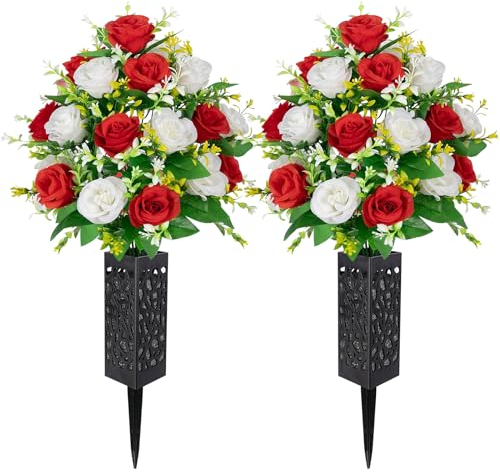 Raxfekro 2 Mazzi di Fiori Artificiali da Cimitero con Vaso, Bouquet di Rose Artificiali per la Decorazione Della Tomba del Cimitero (Red&White)