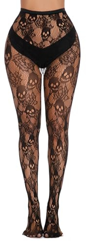 Simply Joshimo Womens Black Fishnet Patterned Halloween Gothic Tights - Skulls Print
