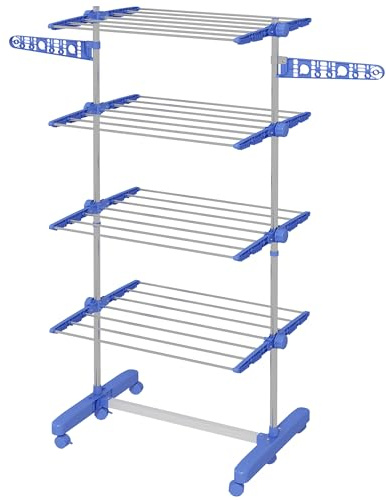 HOMCOM Stendibiancheria Verticale 4 Livelli Regolabili Blu | Stendino a Torre Pieghevole Salvaspazio Estensibile, Acciaio Inox, 6 Ruote, Ganci, Interni, Balcone, 142x55x152cm