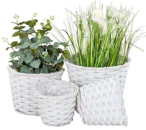 levandeo 4er Set Pflanzgefäß Weide H15-19cm Weiß Garten Pflanzkorb Weidekorb Shabby Chic Vintage Blumenkübel Pflanzkübel Blumenkorb Boho Deko