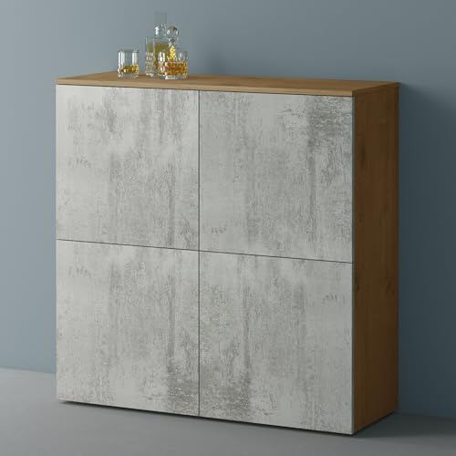 Mai & Mai Sideboard 100cm Kommode 4 Türen Soft-Close grifflos Stauraum | Kommodenschrank, Wohnzimmer Möbel, Flurschrank, bis zu 8 Staufächer, Kerneiche + Beton, BxTxH:100x36,4x98cm, Schrank04