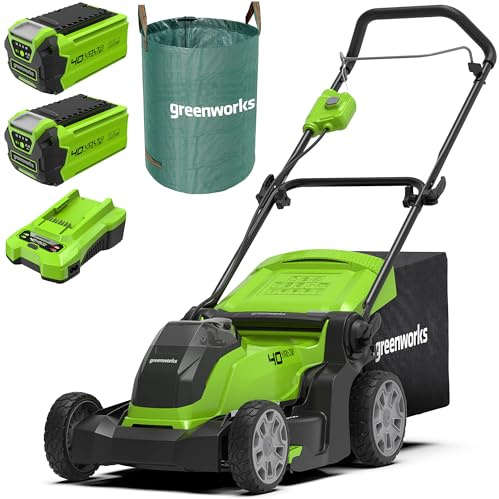 Greenworks 40V Kabelloser Akku Rasenmäher für Flächen bis zu 500 m², 41 cm Schnittbreite, 50-Liter-Sack Plus Zwei 40 V 2Ah-Akkus mit Ladegerät-G40LM41K2X + Greenworks Tools 120l Gartenabfallsack