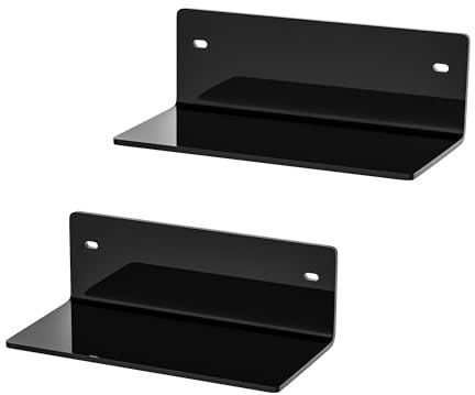 Sezanrpt 8 Inch Black Small Wall Shelves, Acrylic Wall Mounting Ledges Display, Acrylic Black Shelf for Figures, Collectibles, Plants, Décor, Toiletries, 4'' Depth, 2 Pack