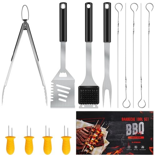Grillzubehör-Set, Grillwerkzeug-Set aus Edelstahl mit 4-in-1-Grillspatel, Grillgabel, Grillzange, Grillspieß, Maiskolbenhaltern aus Silikon