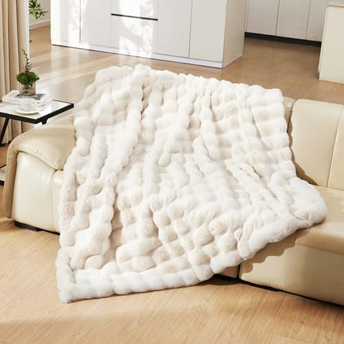 YBIKE Faux Rabbit Fur Throw Blanket, Fuzzy Soft Plush Bubble Blanket 150 x 130cm, Luxury Warm Reversible Decorative Blanket for Bed, Sofa, Couch, Armchairs (Beige)