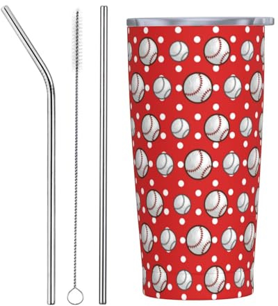 VOSERY Botella de agua de 20 onzas con tapa y popote, bonito vaso aislado de béisbol C de acero inoxidable, taza de café de viaje, vaso personalizado