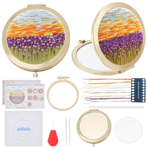 PLIGREAT DIY Stickerei Spiegel Kit Tulpen gestempelt Kreuzstich Spiegel Kit Blumen Spiegel Stickerei für Anfänger Vintage Tragbarer runder Spiegel Metall Compact Spiegel Crafts Geschenk für Frauen