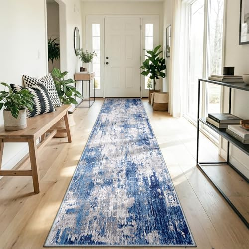 DEFYNEE Tappeto Läufer 60 x 240 cm, antiscivolo, tappeto a pelo corto per la cucina, lavabile, pieghevole, design astratto per ingresso, cucina, soggiorno e ufficio, grigio blu