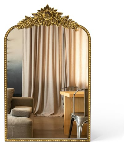 Awhtixbo Espejo Barroco Dorado Antiguo de 40 x 64 cm de Alto, Marco de Hierro Fundido Vintage con Flores de Resina talladas a Mano, Espejo de Pared inastillable para baño, Sala de Estar y Dormitorio