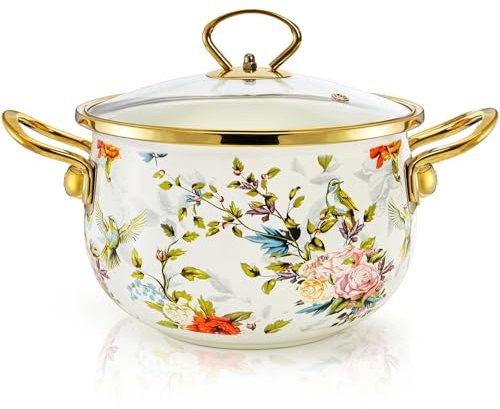 SOUJOY 2.8 Quart Enamel Cooking Pot with Lid, Vintage Soup Pot, Floral Stew Bean Simmer Pot with Handle for Kitchen, Safe for Induction Cookers, Gas Stove