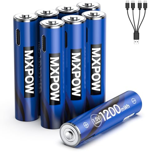 MXPOW 8 x AAA Akku wiederaufladbar Lithium, 1,5V 1200mWh, USB-C, 4 in 1 | 4 in 1 Ladekabel, Vorgeladen, Geringe Selbstentladung, Auslaufsicher, für Fernbedienungen, Wanduhren