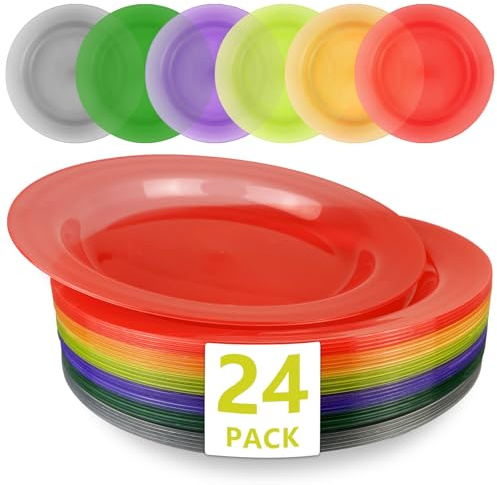 WAIZHIUA Lot de 24 assiettes réutilisables en plastique incassables de 25 cm, passent au micro-ondes et au lave-vaisselle, 6 couleurs vives pour fête, enfants, dessert, pâtes, salade, collations et
