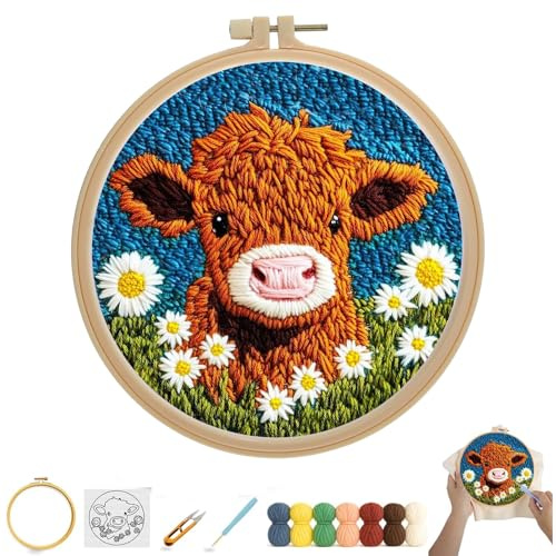 DIY Punch Needle Kit for Beginners, Cute Cartoon Highland Cow with Flower Pattern Punch Stitching Kit for Kids Adults, Perfect for Festival Decorations, with Hoop Punch Needle Instructions 20x20cm