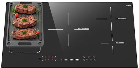 Hobsir Plaque Induction 5 Foyers, 90CM Table de Cuisson Induction Encastrable, Zone Flexible pour le Gril, Commande Tactile Slider, Verrouillage de Sécurité, Fonction Boost, 240V, Pas de Fiche