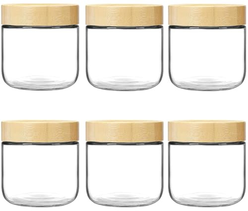 Hikrxya Lot de 6 Bocaux en Verre Hermétique 300 ml, Bocal en Verre avec Couvercle en Bambou Réutilisables Overnight Oats Jar pour Yaourts Puddings Fruits Confitures Snacks Céréales