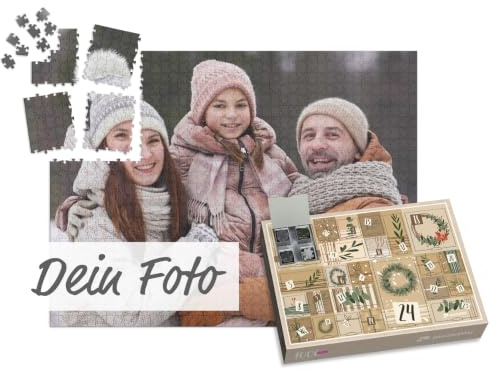 Persönlicher Puzzle Adventskalender - mit eigenem Bild als Fotopuzzle personalisierbar, 1000 Puzzleteile passend vorsortiert, jeden Tag ein passendes Puzzlesegment - Design Geschenkezeit