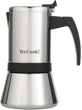 WECOOK! Cafetière italienne en acier inoxydable 18/10 pour induction 4 tasses – espresso/moka – poignée Soft-Touch en bakélite – soupape de sécurité en nickel – cuillère doseuse incluse