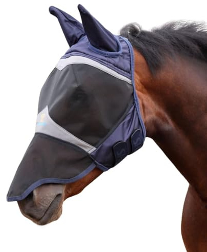 Shires FlyGuard Pro - Maschera antimosche a rete fine, con protezione UV, colore: blu navy/pannocchia/orecchie e naso